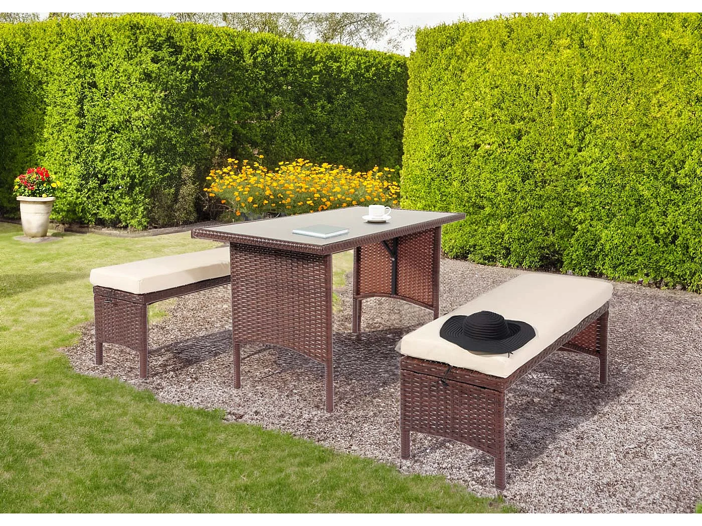 Banc en poly rotin MCW-G16,  brun, coussin crème