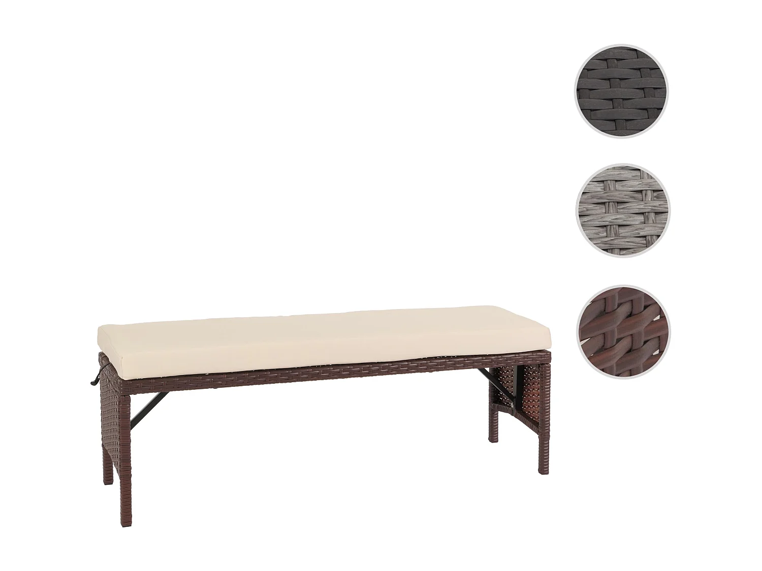 Banc en poly rotin MCW-G16,  brun, coussin crème