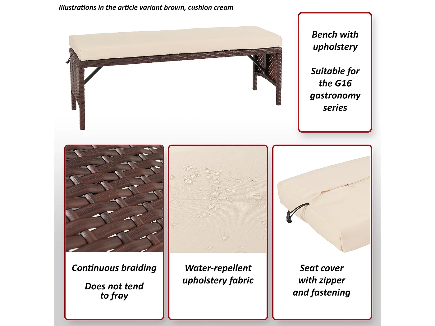 Banc en poly rotin MCW-G16,  brun, coussin crème