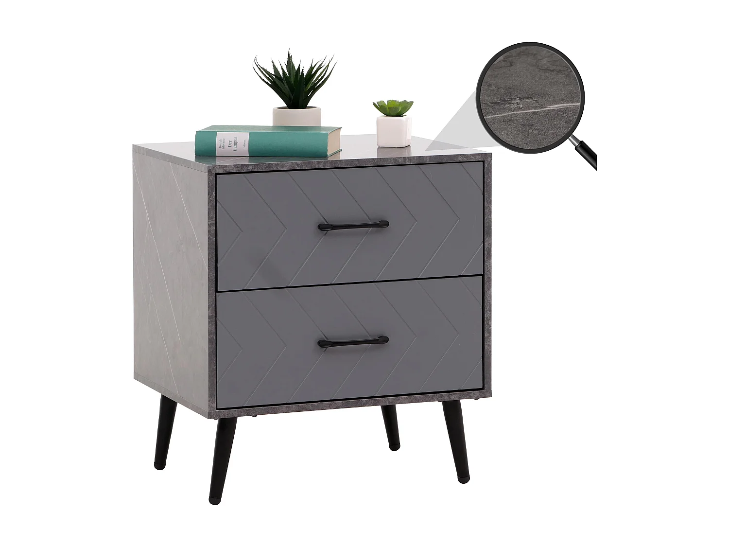 Comodino tavolino MCW-N89, tavolo d'appoggio, 2 cassetti in legno melaminico, 55x48x40cm ~ aspetto marmo grigio