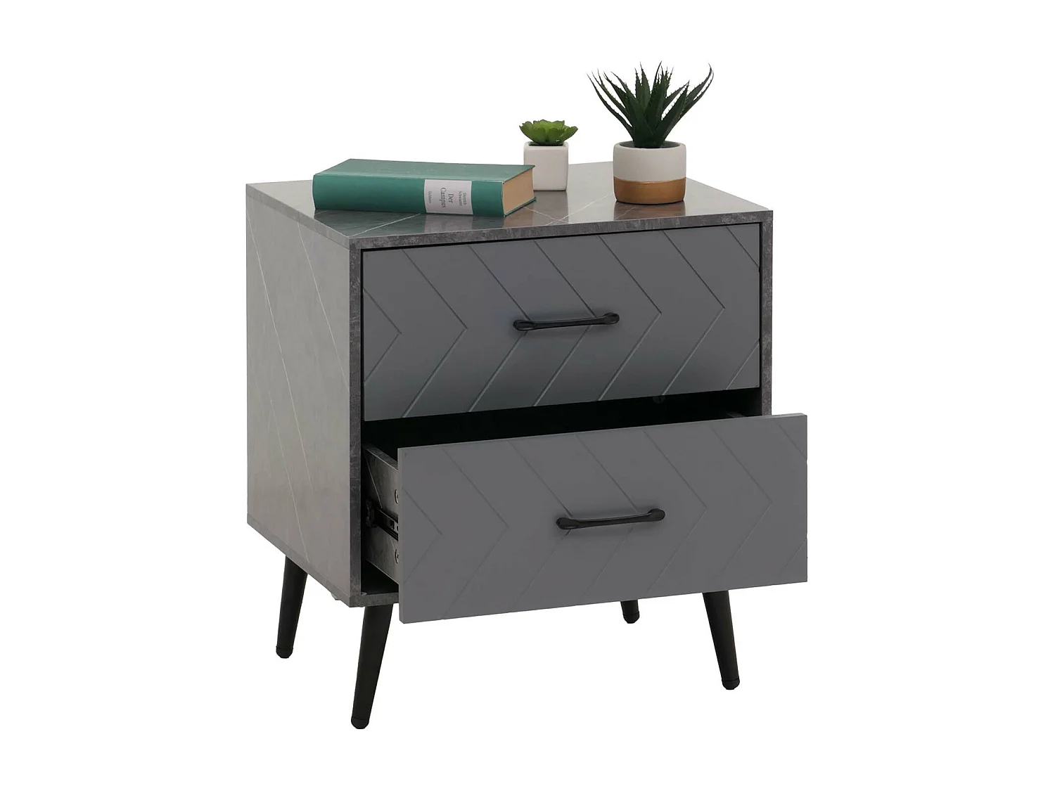 Comodino tavolino MCW-N89, tavolo d'appoggio, 2 cassetti in legno melaminico, 55x48x40cm ~ aspetto marmo grigio