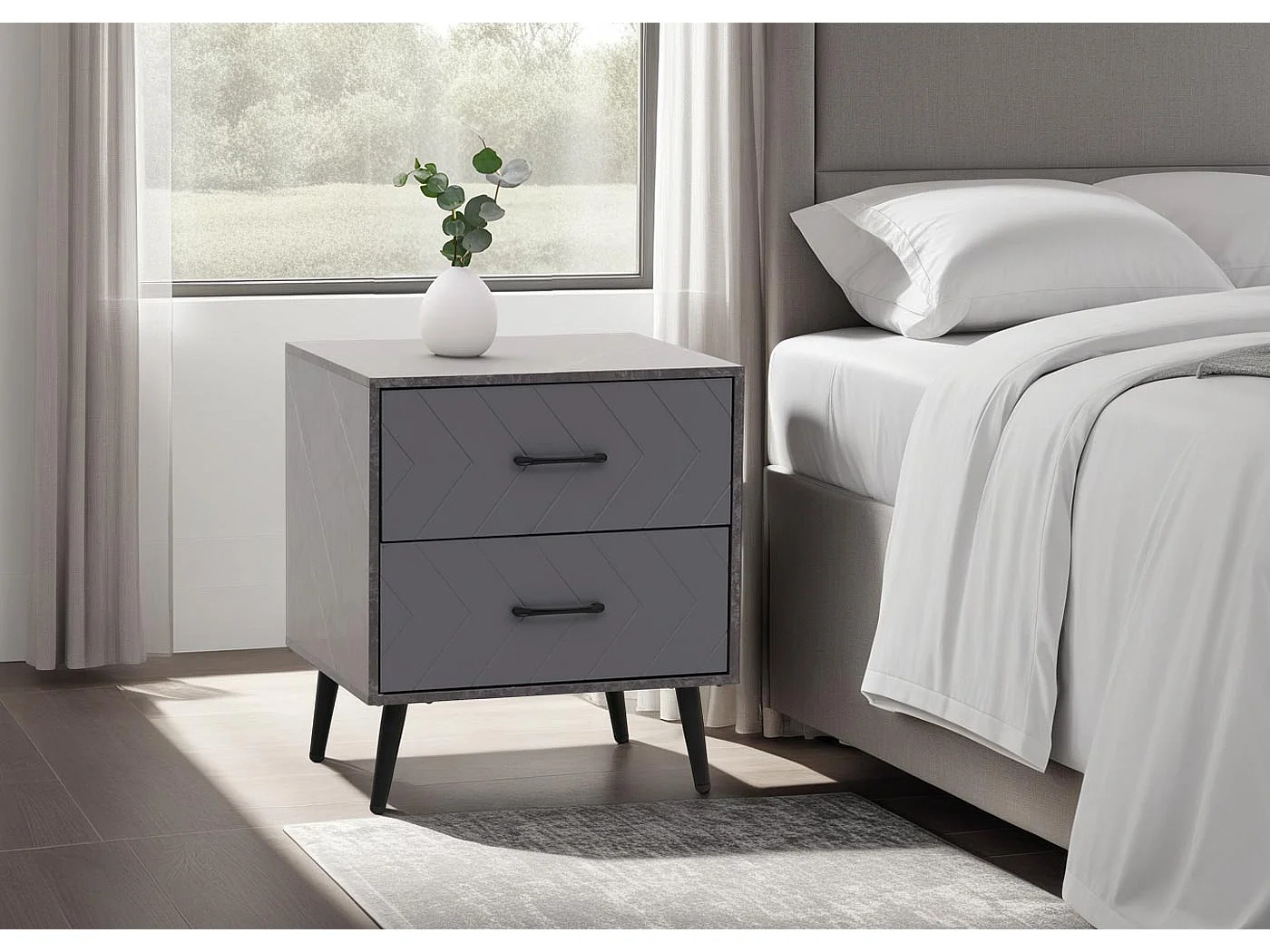 Comodino tavolino MCW-N89, tavolo d'appoggio, 2 cassetti in legno melaminico, 55x48x40cm ~ aspetto marmo grigio