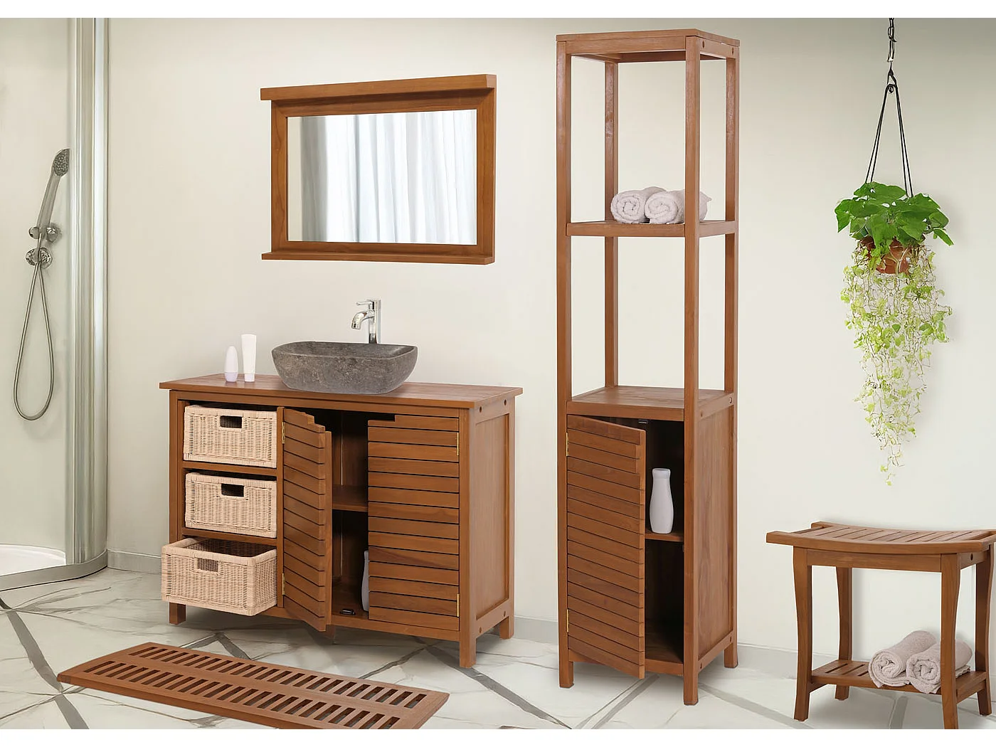 Scaffale alto in teak MCW-M84, armadietto colonna bagno, teak di qualità B (durame, 20-30 anni), 180x40cm