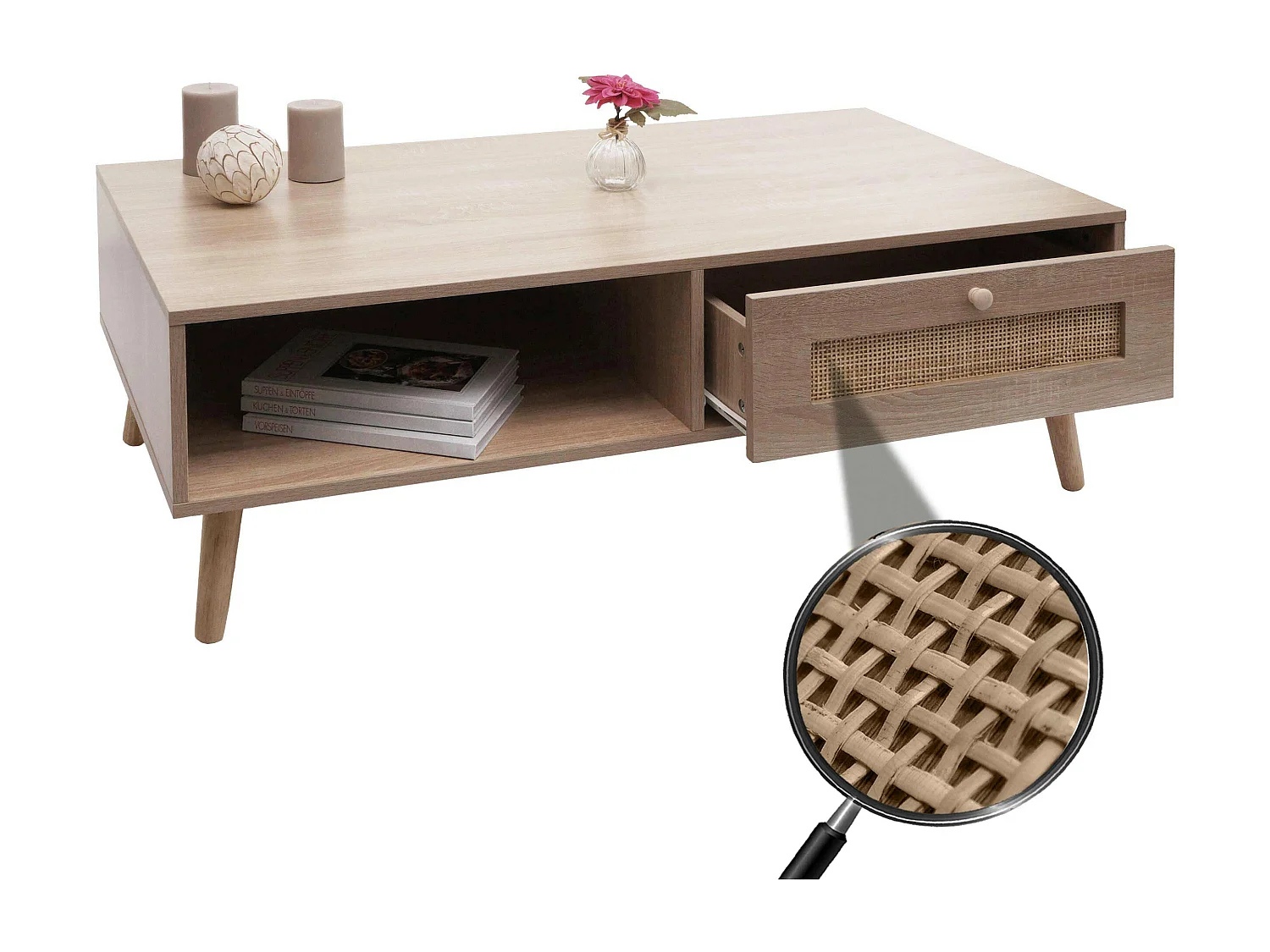 Tavolino MCW-M39, tavolo da salotto divano, cassetto Kubu rattan legno melaminico, 37x110x59cm effetto rovere