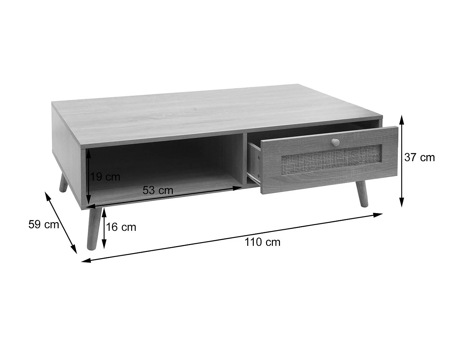 Tavolino MCW-M39, tavolo da salotto divano, cassetto Kubu rattan legno melaminico, 37x110x59cm effetto rovere