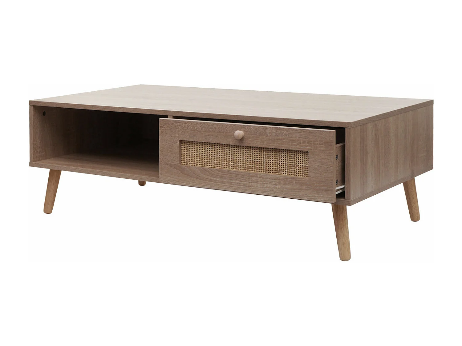 Tavolino MCW-M39, tavolo da salotto divano, cassetto Kubu rattan legno melaminico, 37x110x59cm effetto rovere