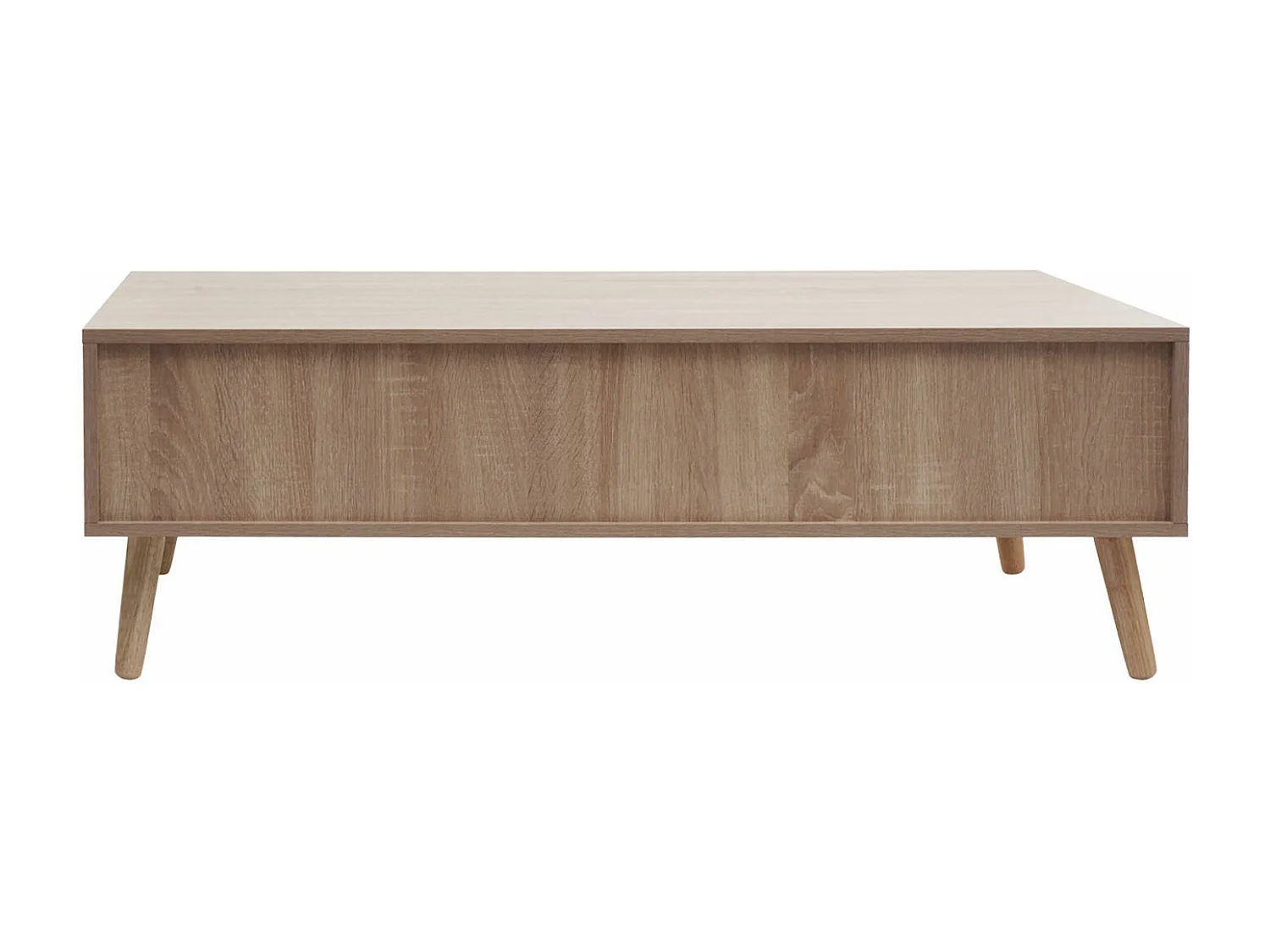 Tavolino MCW-M39, tavolo da salotto divano, cassetto Kubu rattan legno melaminico, 37x110x59cm effetto rovere