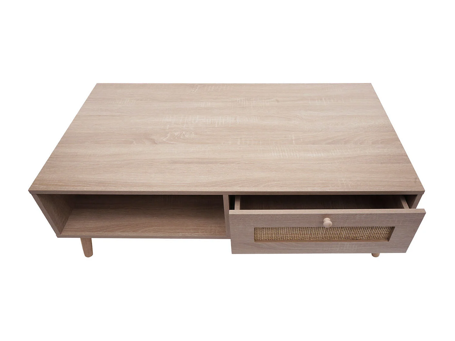 Tavolino MCW-M39, tavolo da salotto divano, cassetto Kubu rattan legno melaminico, 37x110x59cm effetto rovere