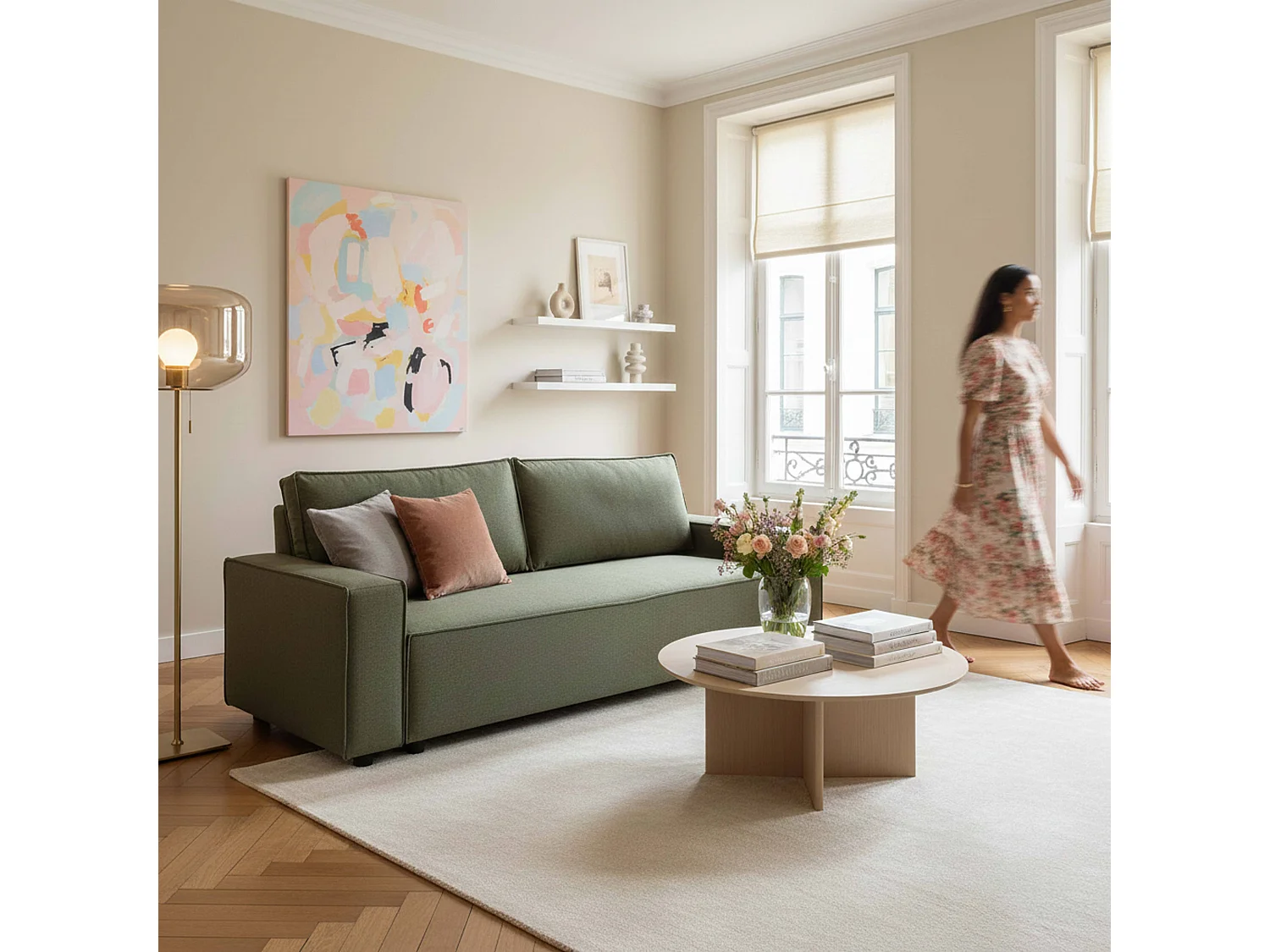 Canapé convertible en tissu 3 places vert L 220 cm