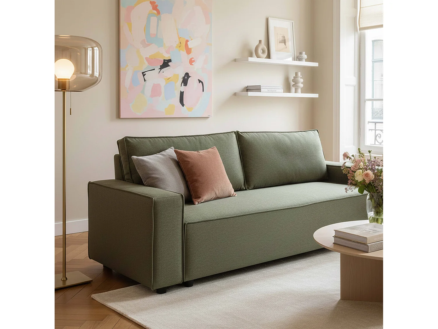 Canapé convertible en tissu 3 places vert L 220 cm