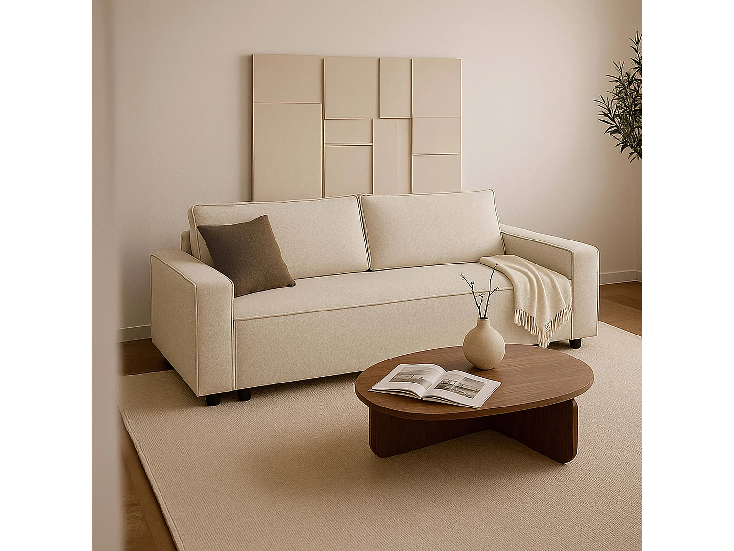 Canapé convertible en tissu 3 places beige