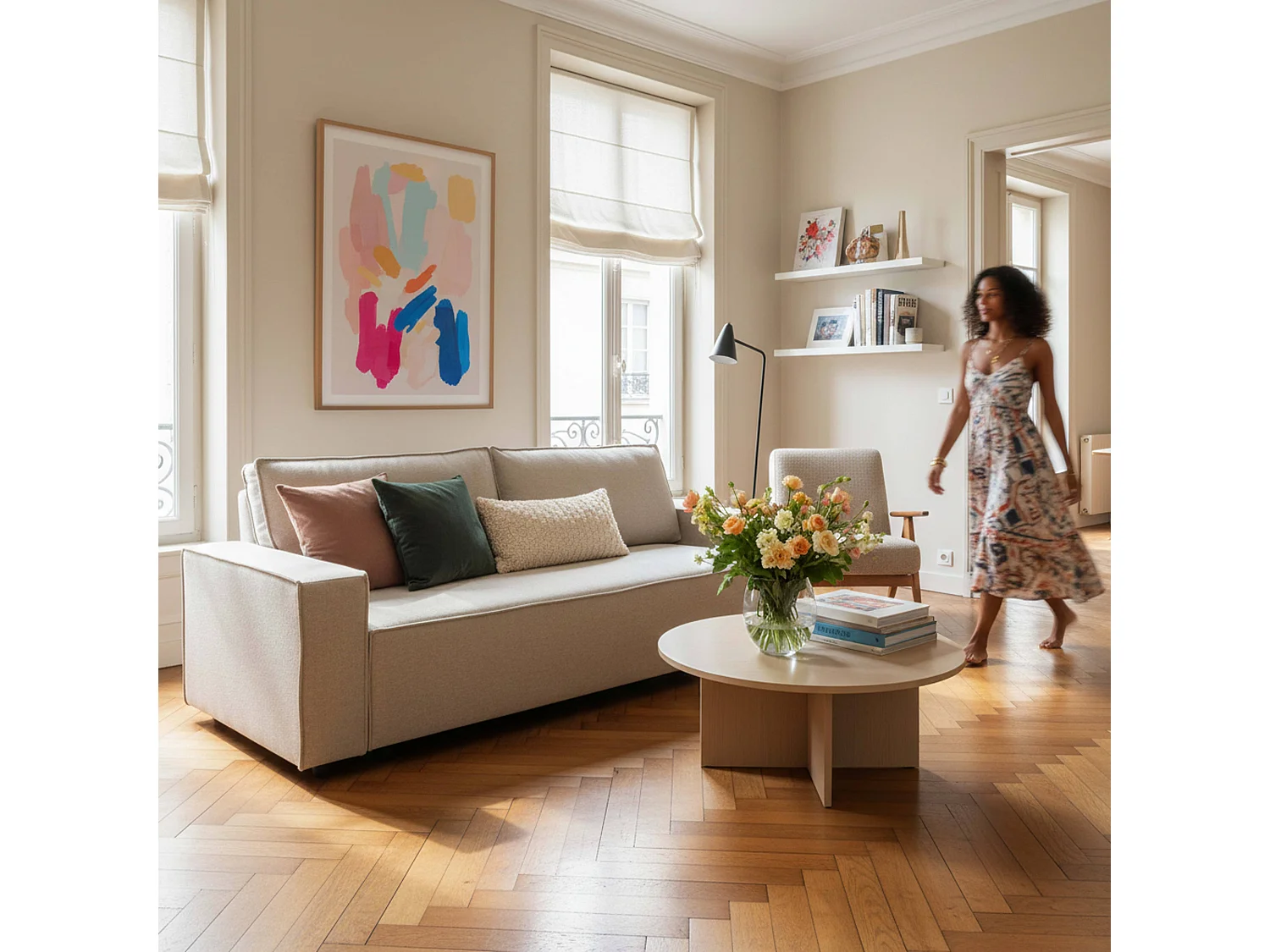 Canapé convertible en tissu 3 places beige L 220 cm