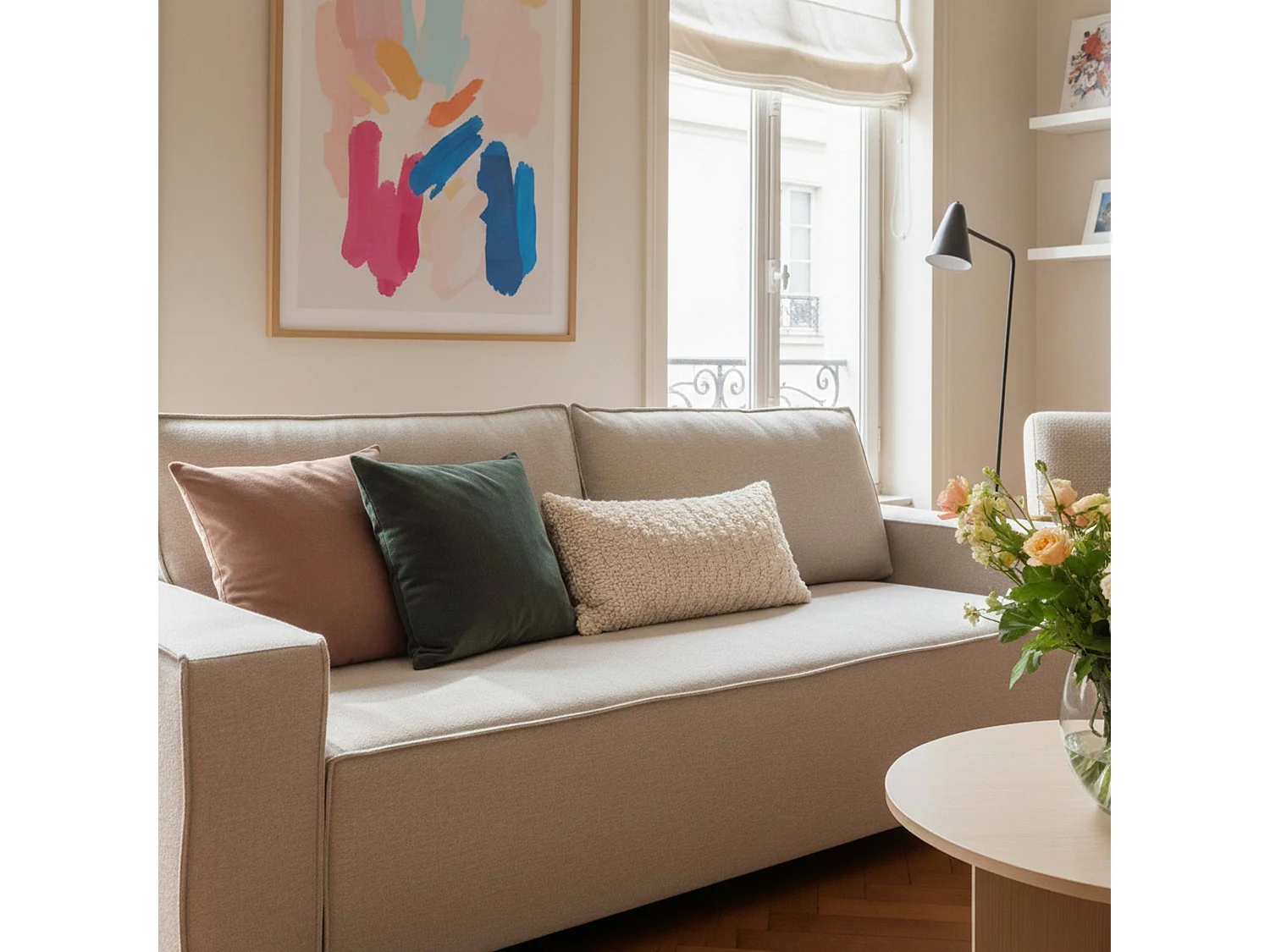 Canapé convertible en tissu 3 places beige L 220 cm