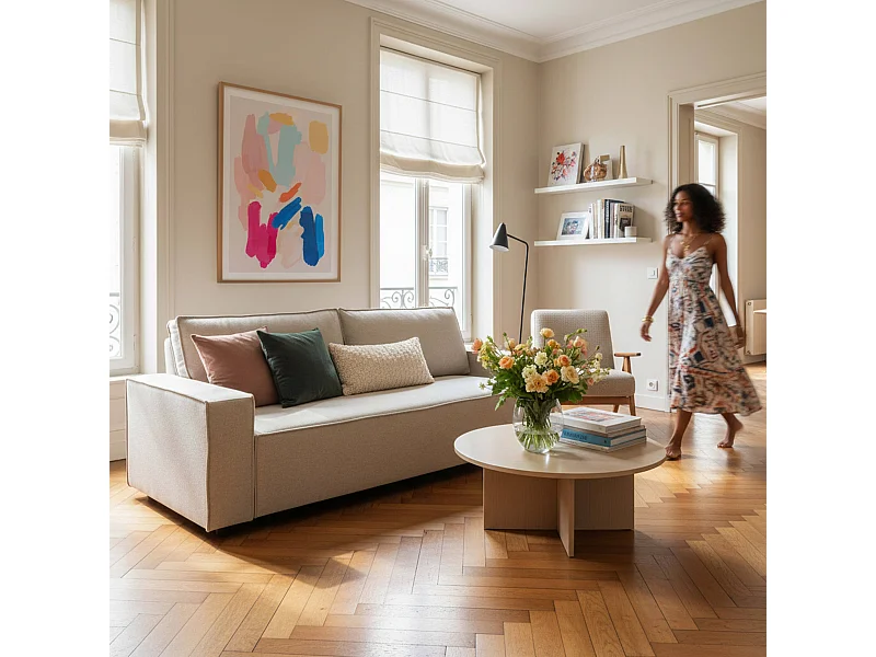 Canapé convertible en tissu 3 places beige L 220 cm