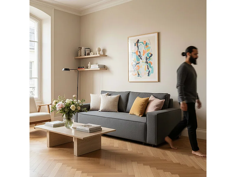 Canapé convertible en tissu 3 places gris L 220 cm