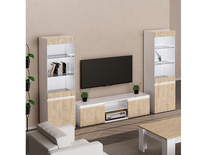 CHRIS OAK - Ensemble Salon meuble TV Laqué Blanc Brillant Aspect Bois