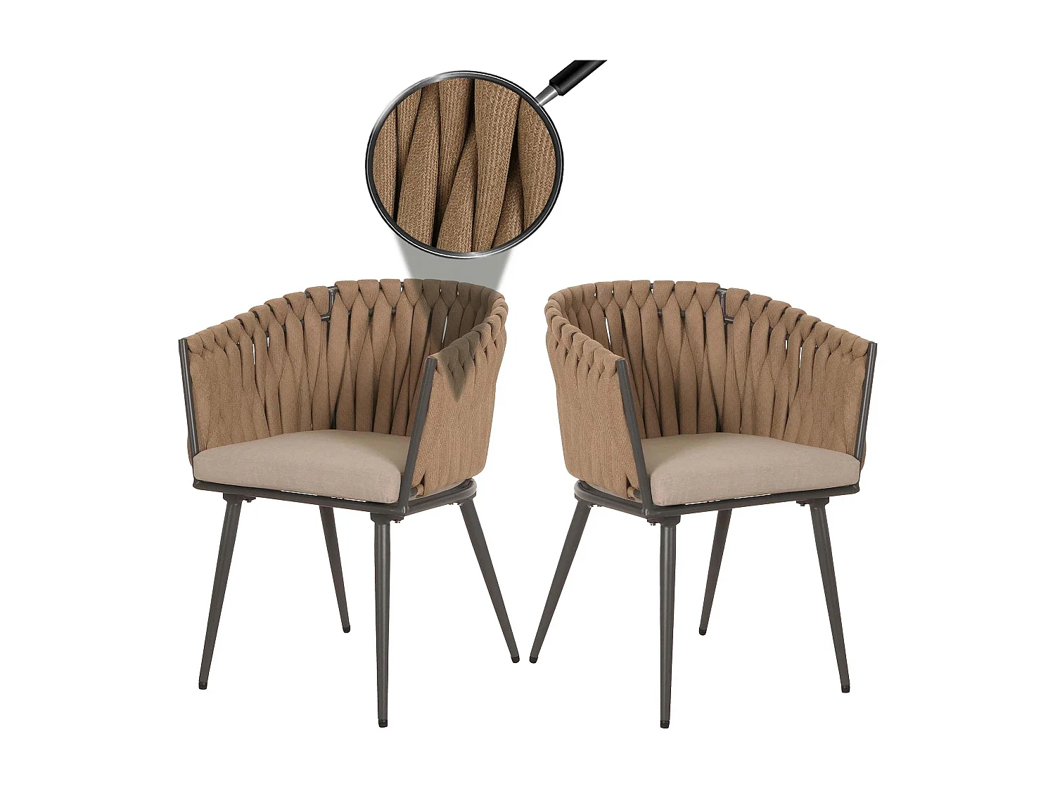 Set 2 sedie soggiorno in alluminio MCW-N38, sedie salotto con braccioli, intreccio corda ~ beige cuscino marrone chiaro