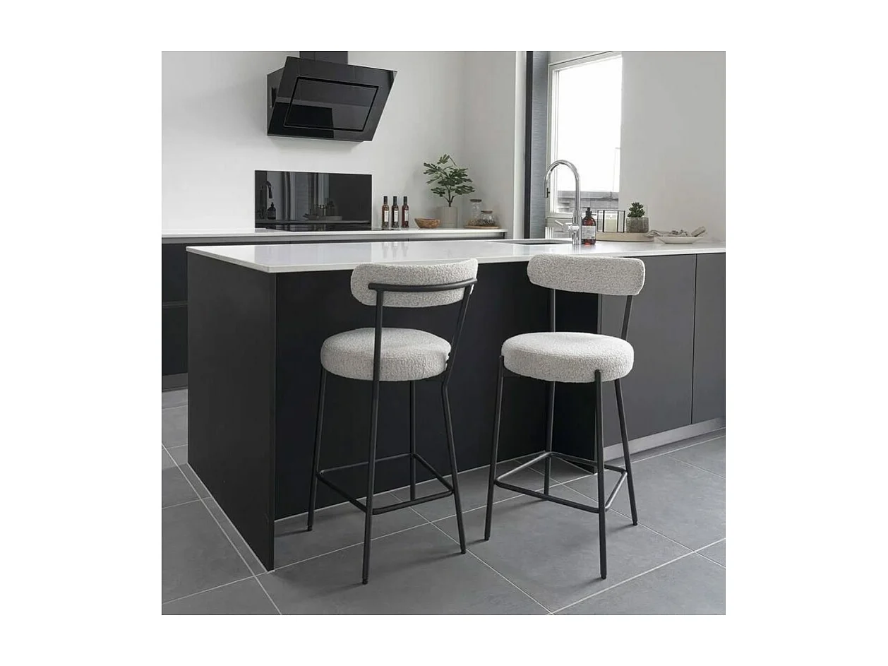 LOANA - Chaise Haute Tissu Bouclé Blanc Chiné Dossier et Pieds Métal Noir