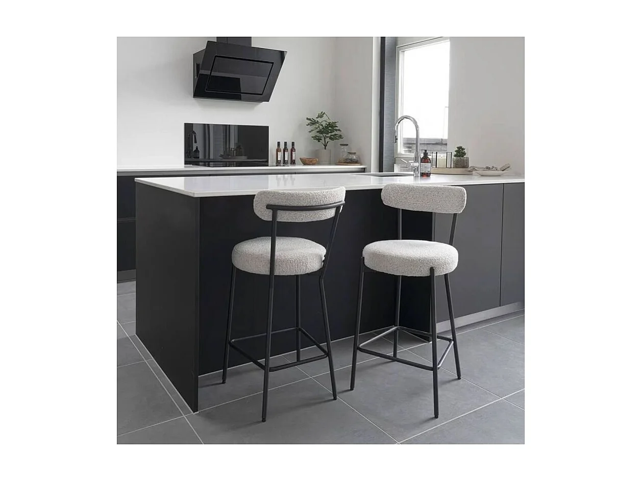 LOANA - Chaise Haute Tissu Bouclé Blanc Chiné Dossier et Pieds Métal Noir