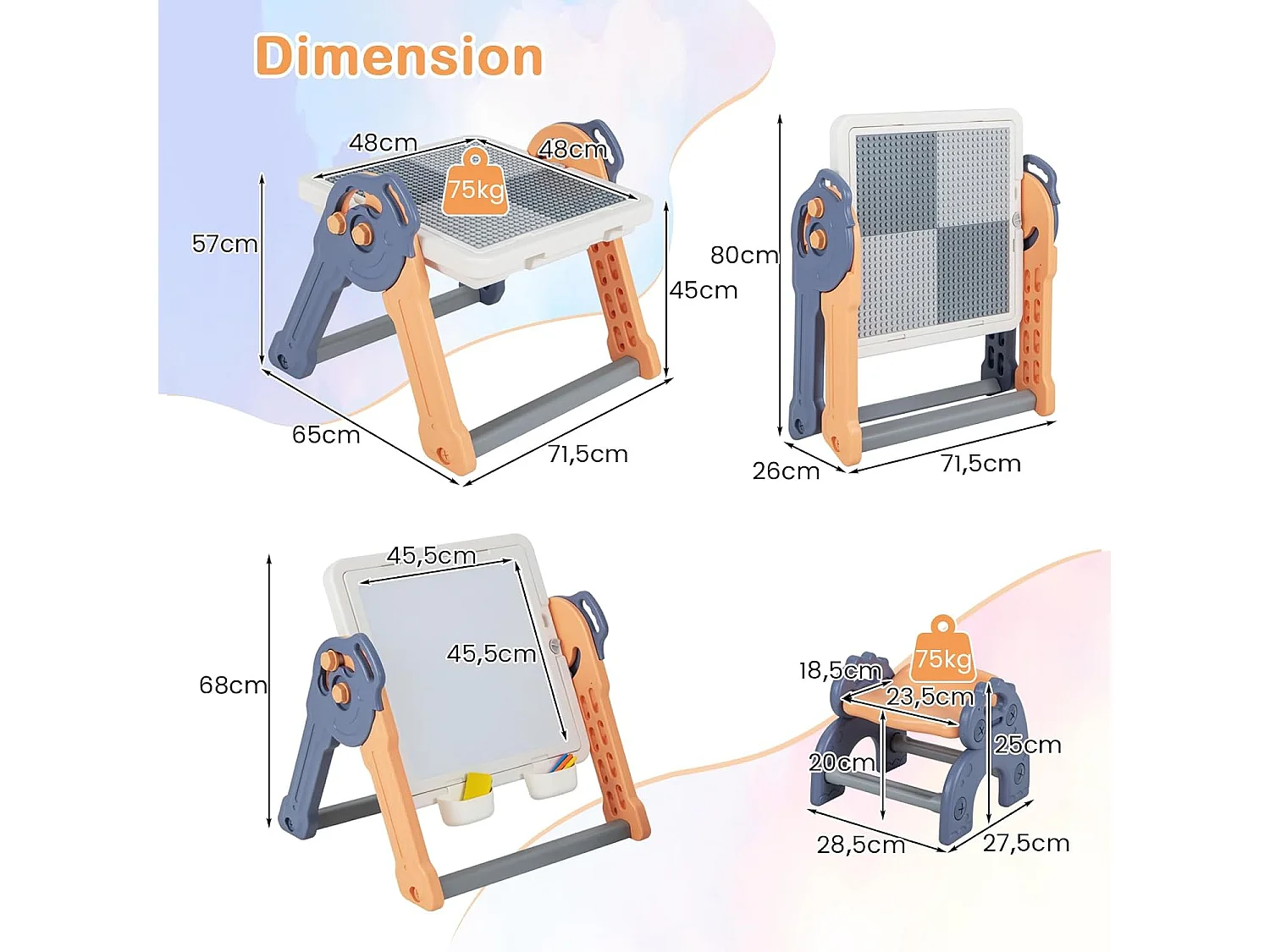 6 en 1 Table Enfant Pliable avec Chaise et Plateau Double Face & Réglable Chevalet Enfants en HDPE avec 105 Blocs & 6 Marqueurs & 1 Gomme Charge 75kg