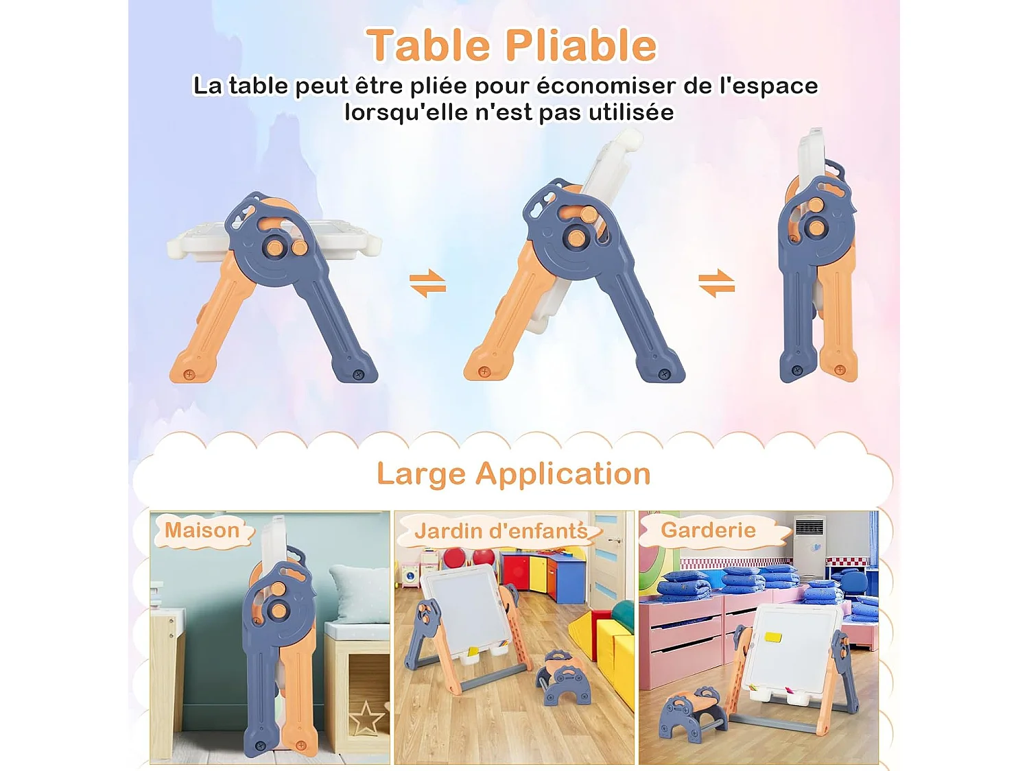 6 en 1 Table Enfant Pliable avec Chaise et Plateau Double Face & Réglable Chevalet Enfants en HDPE avec 105 Blocs & 6 Marqueurs & 1 Gomme Charge 75kg