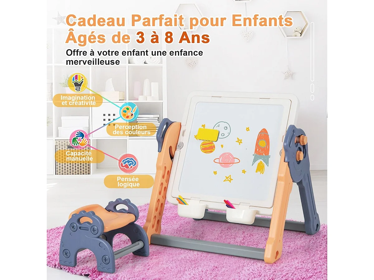 6 en 1 Table Enfant Pliable avec Chaise et Plateau Double Face & Réglable Chevalet Enfants en HDPE avec 105 Blocs & 6 Marqueurs & 1 Gomme Charge 75kg