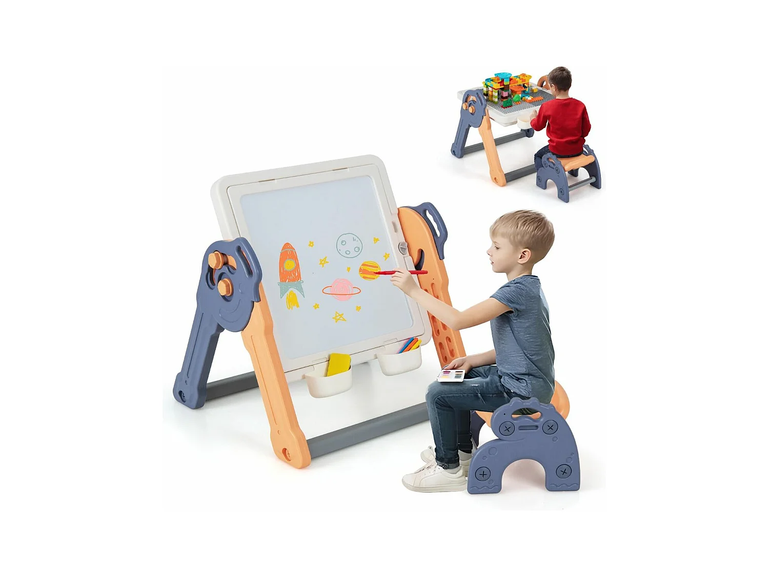 6 en 1 Table Enfant Pliable avec Chaise et Plateau Double Face & Réglable Chevalet Enfants en HDPE avec 105 Blocs & 6 Marqueurs & 1 Gomme Charge 75kg