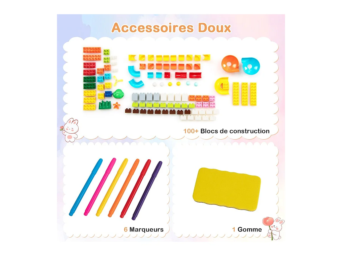 6 en 1 Table Enfant Pliable avec Chaise et Plateau Double Face & Réglable Chevalet Enfants en HDPE avec 105 Blocs & 6 Marqueurs & 1 Gomme Charge 75kg