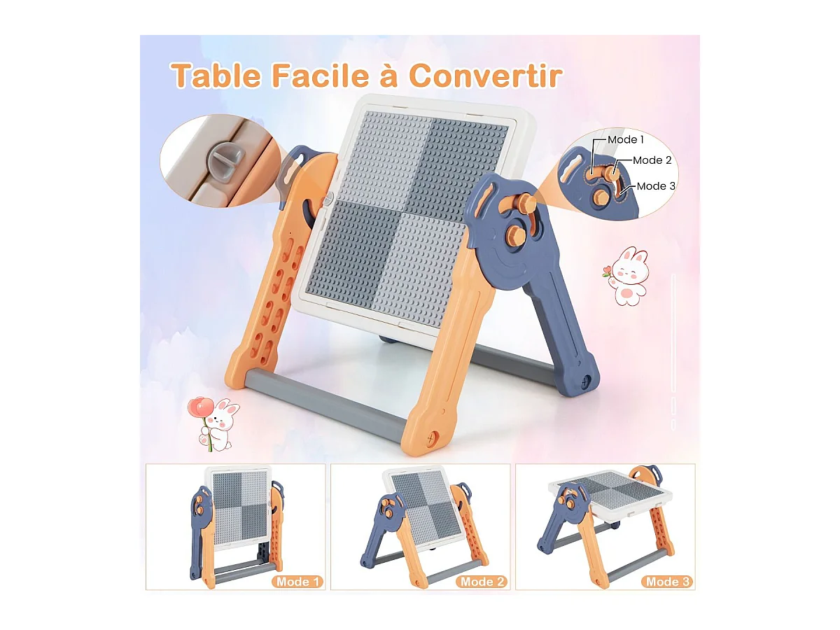 6 en 1 Table Enfant Pliable avec Chaise et Plateau Double Face & Réglable Chevalet Enfants en HDPE avec 105 Blocs & 6 Marqueurs & 1 Gomme Charge 75kg