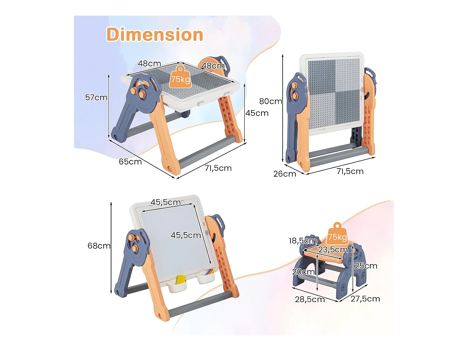 6 en 1 Table Enfant Pliable avec Chaise et Plateau Double Face & Réglable Chevalet Enfants en HDPE avec 105 Blocs & 6 Marqueurs & 1 Gomme Charge 75kg