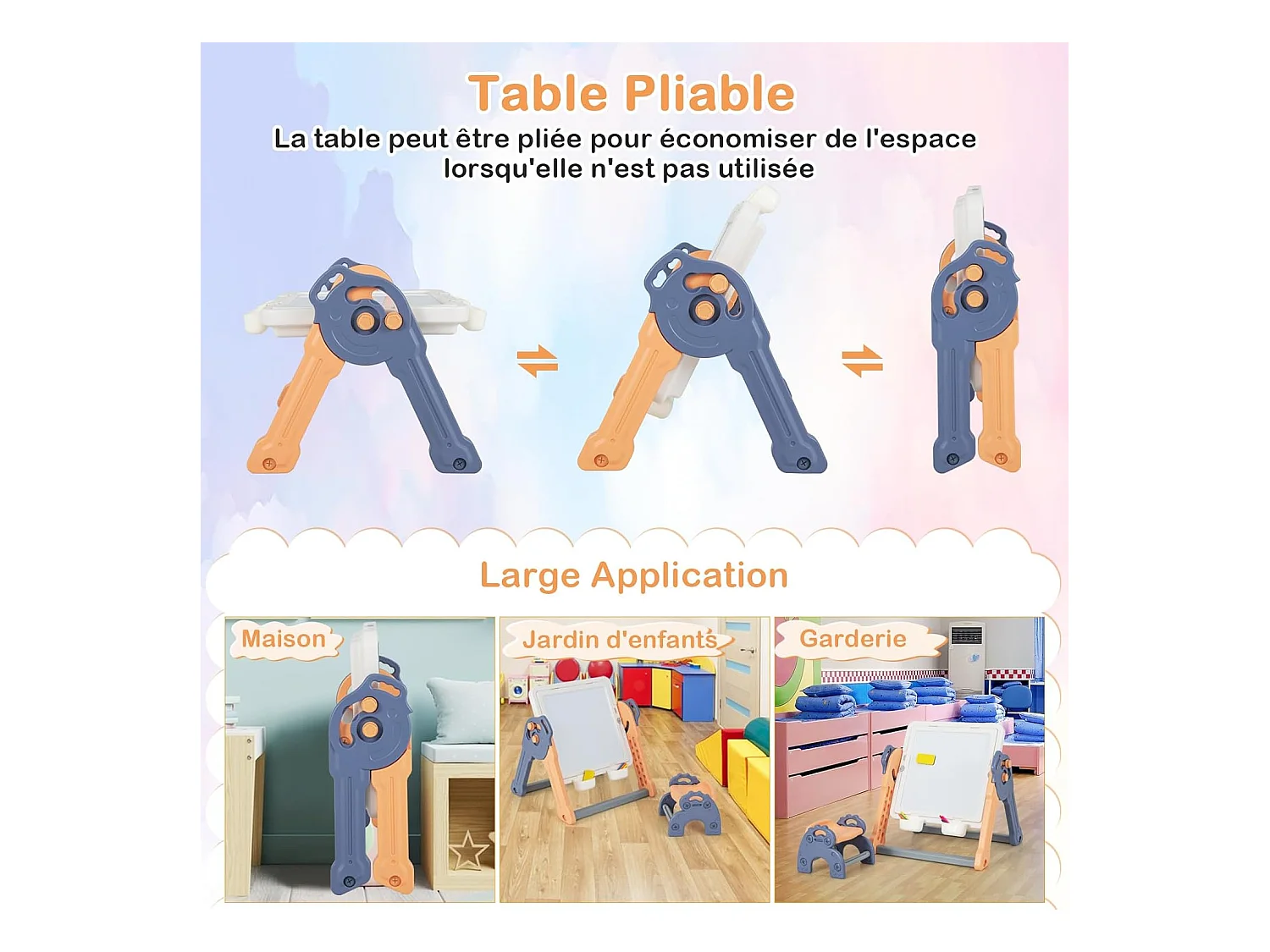 6 en 1 Table Enfant Pliable avec Chaise et Plateau Double Face & Réglable Chevalet Enfants en HDPE avec 105 Blocs & 6 Marqueurs & 1 Gomme Charge 75kg
