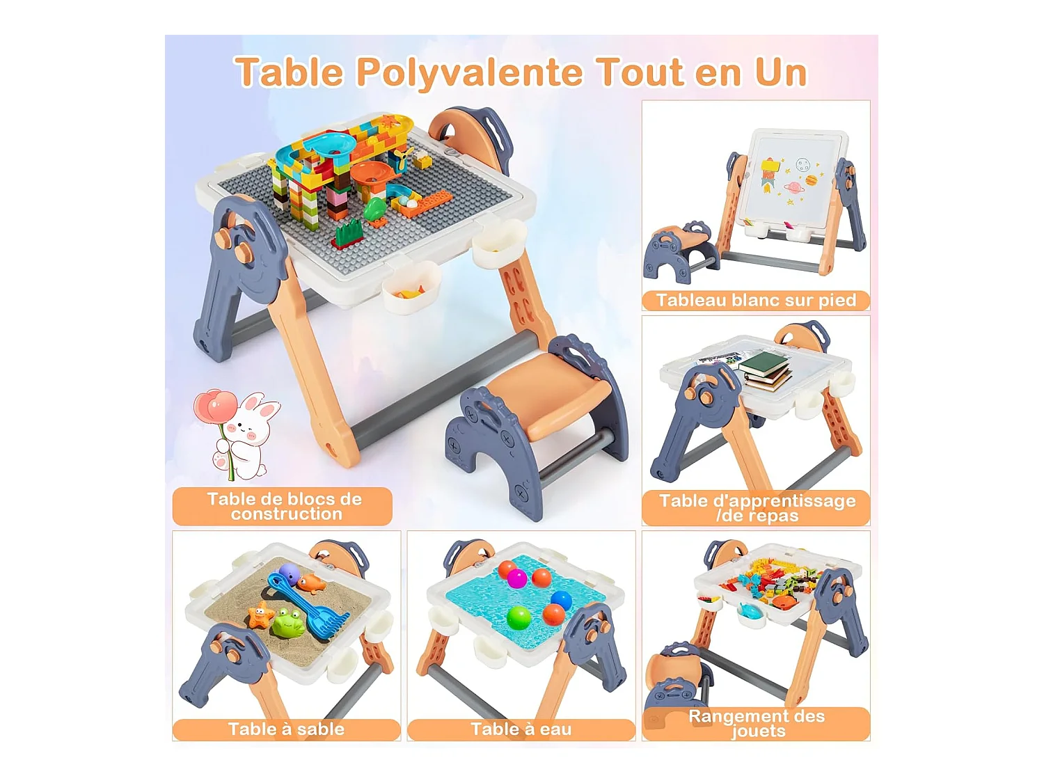 6 en 1 Table Enfant Pliable avec Chaise et Plateau Double Face & Réglable Chevalet Enfants en HDPE avec 105 Blocs & 6 Marqueurs & 1 Gomme Charge 75kg