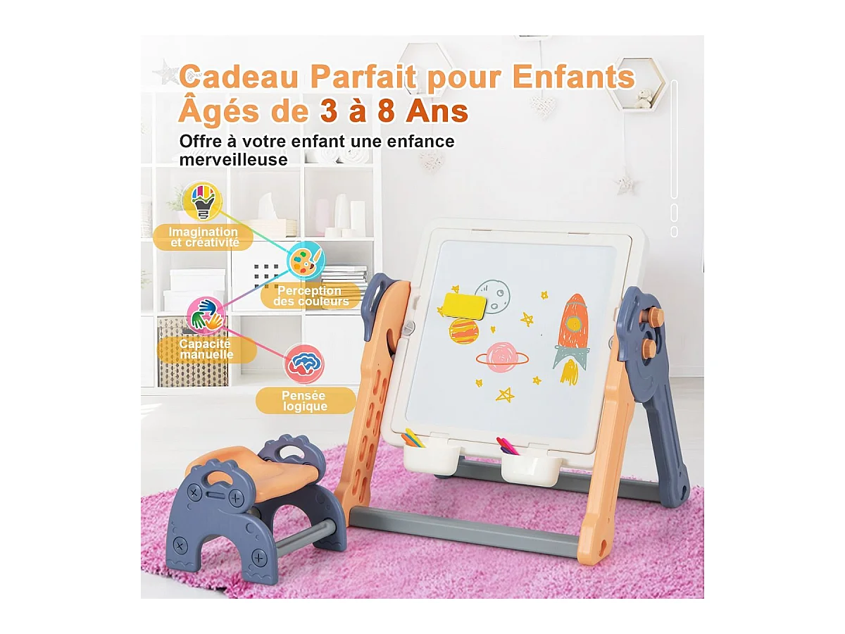 6 en 1 Table Enfant Pliable avec Chaise et Plateau Double Face & Réglable Chevalet Enfants en HDPE avec 105 Blocs & 6 Marqueurs & 1 Gomme Charge 75kg