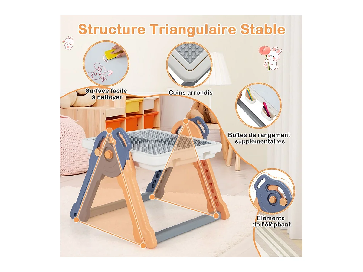 6 en 1 Table Enfant Pliable avec Chaise et Plateau Double Face & Réglable Chevalet Enfants en HDPE avec 105 Blocs & 6 Marqueurs & 1 Gomme Charge 75kg