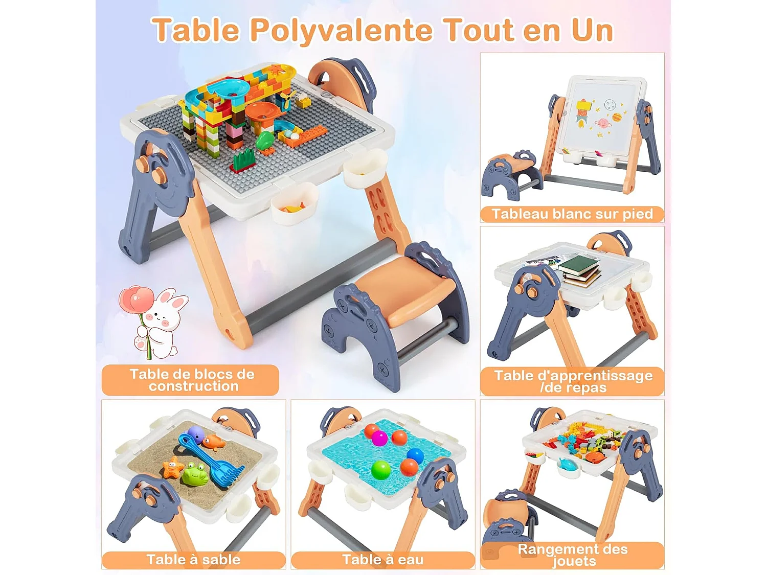 6 en 1 Table Enfant Pliable avec Chaise et Plateau Double Face & Réglable Chevalet Enfants en HDPE avec 105 Blocs & 6 Marqueurs & 1 Gomme Charge 75kg