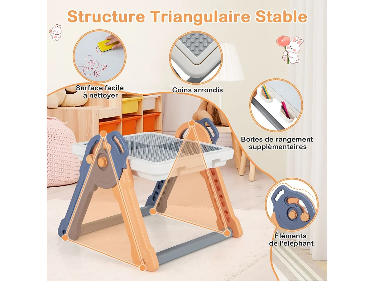 6 en 1 Table Enfant Pliable avec Chaise et Plateau Double Face & Réglable Chevalet Enfants en HDPE avec 105 Blocs & 6 Marqueurs & 1 Gomme Charge 75kg