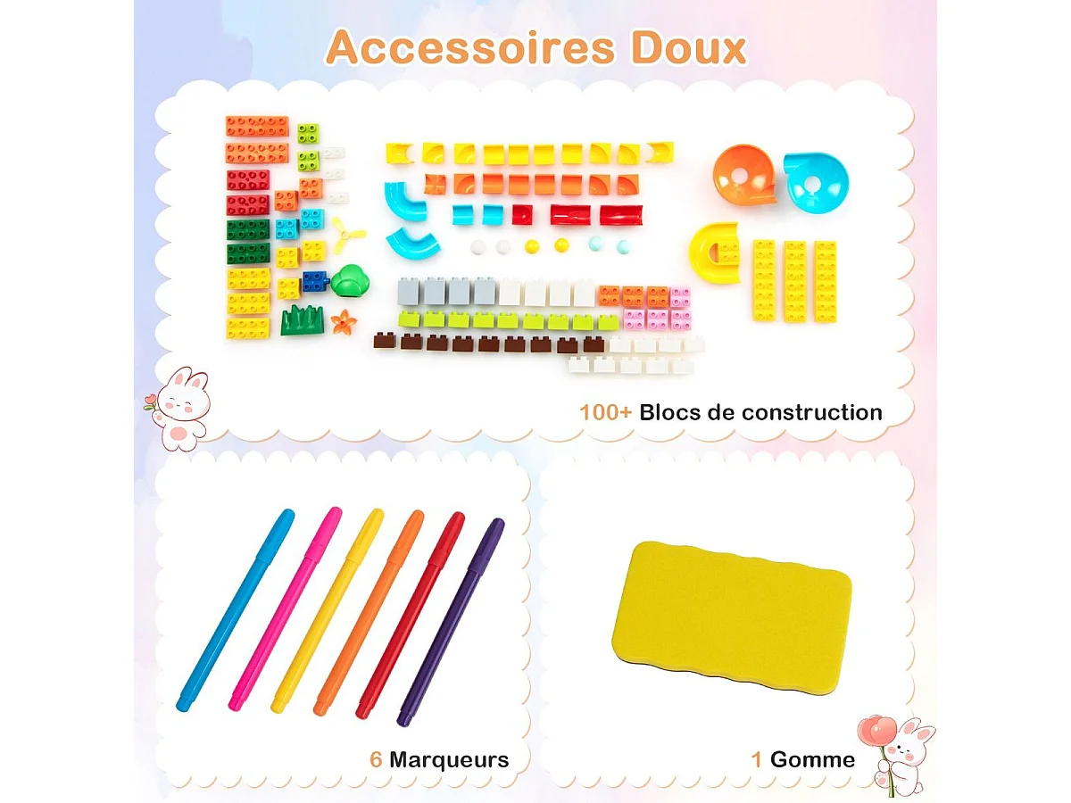 6 en 1 Table Enfant Pliable avec Chaise et Plateau Double Face & Réglable Chevalet Enfants en HDPE avec 105 Blocs & 6 Marqueurs & 1 Gomme Charge 75kg