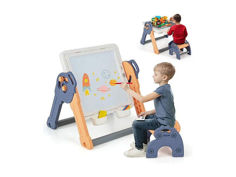 6 en 1 Table Enfant Pliable avec Chaise et Plateau Double Face & Réglable Chevalet Enfants en HDPE avec 105 Blocs & 6 Marqueurs & 1 Gomme Charge 75kg