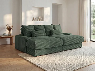 Comfortabele driezitsbank met diepe zitting van spargroen ribfluweel met brede ribbels CALAZO van Pascal Morabito