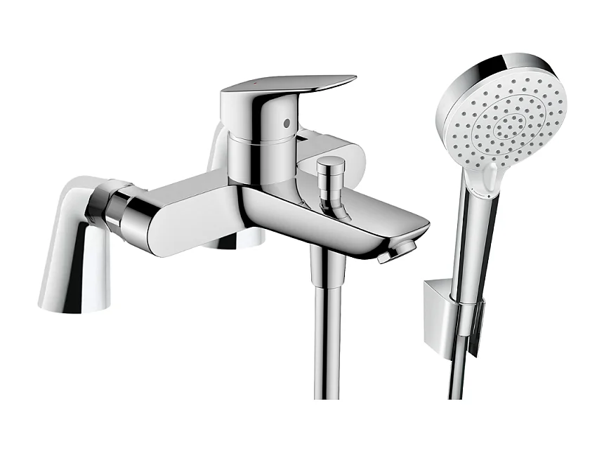 Pack mitigeur bain douche HANSGROHE Logis + douchette à main HANSGROHE Crometta avec colonnettes