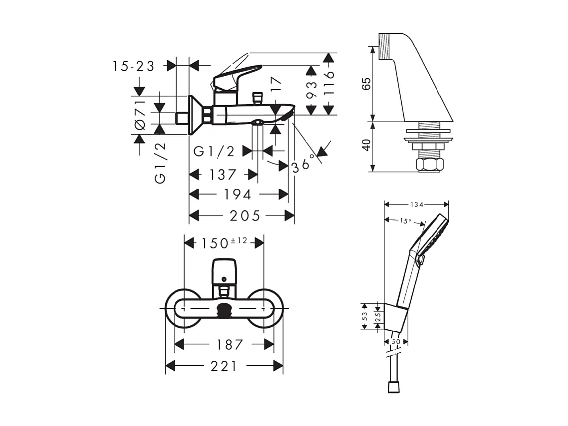 Pack mitigeur bain douche HANSGROHE Logis + douchette à main HANSGROHE Crometta avec colonnettes