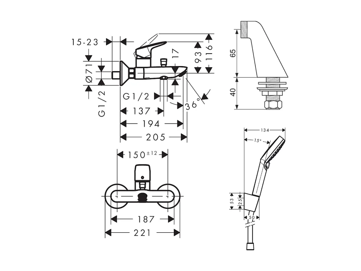 Pack mitigeur bain douche HANSGROHE Logis + douchette à main HANSGROHE Crometta avec colonnettes