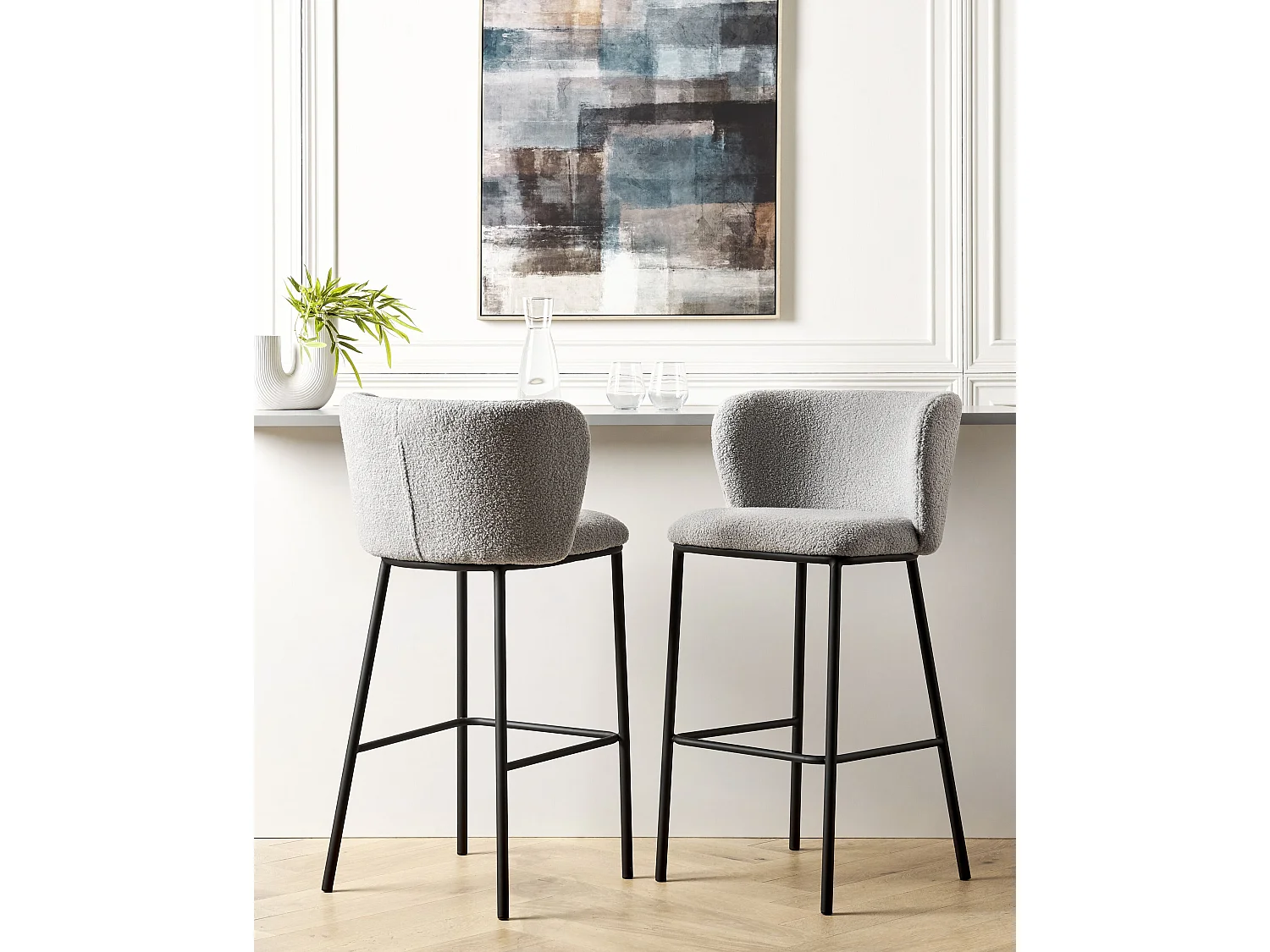 Barstuhl 2er Set Bouclé grau niedrige Lehne Metallgestell Fußstütze Retro Mina