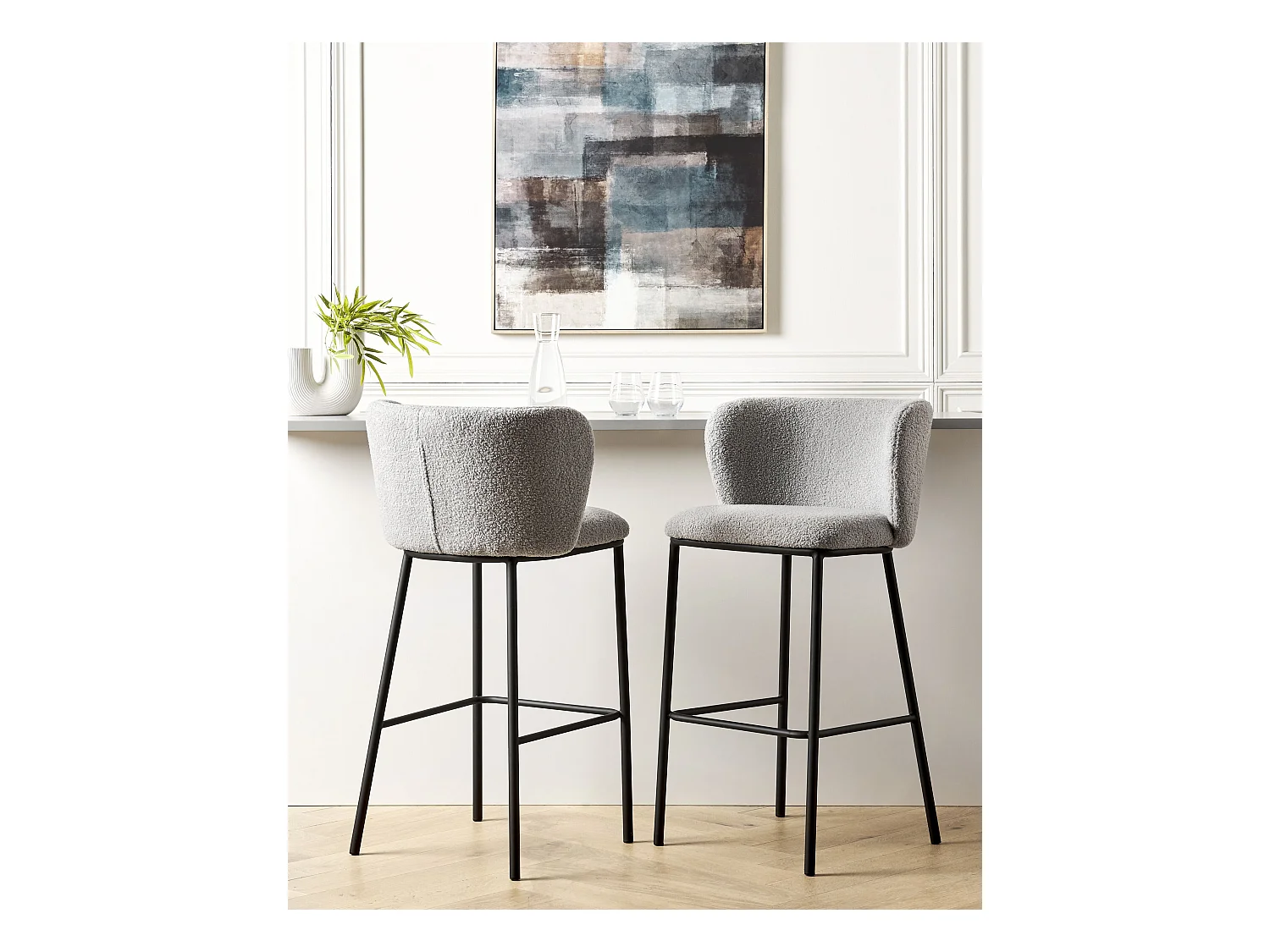 Lot de 2 chaises de bar MINA Bouclé Gris clair