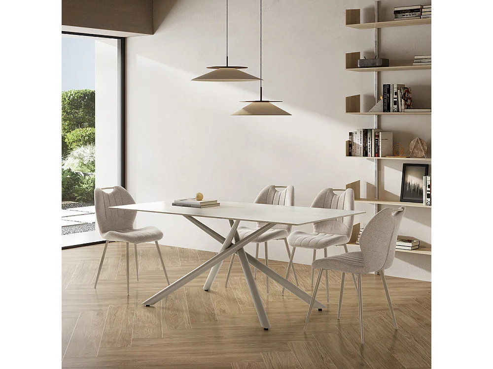 Vika - Table à manger 8 places en céramique et métal - Beige