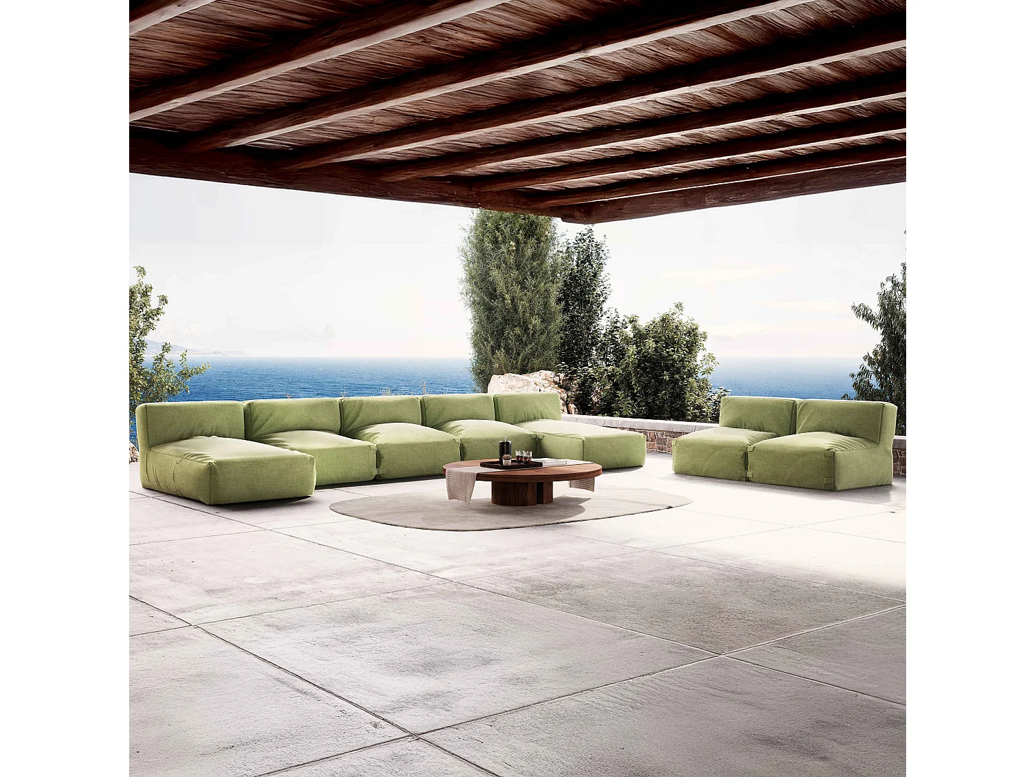 Salon de jardin modulable 7 places avec 2 méridiennes vert cactus - Mixi
