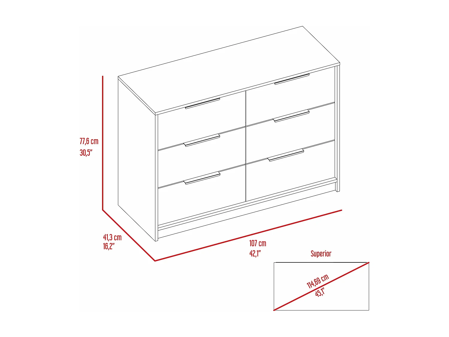Cassettiera Kaia in melamina con 4 cassetti con guide metalliche e 2 armadietti inferiori, multicolore, 77.6 cm X 107 cm X 41.3 cm