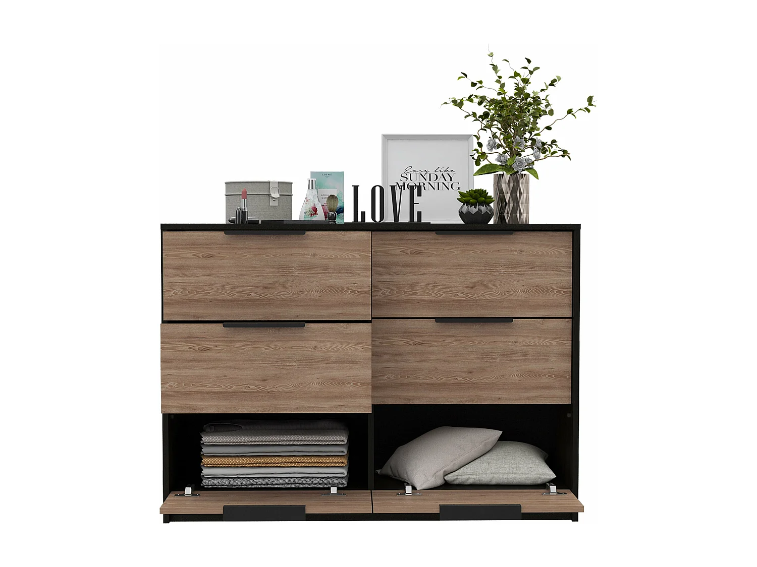 Cassettiera Kaia in melamina con 4 cassetti con guide metalliche e 2 armadietti inferiori, multicolore, 77.6 cm X 107 cm X 41.3 cm