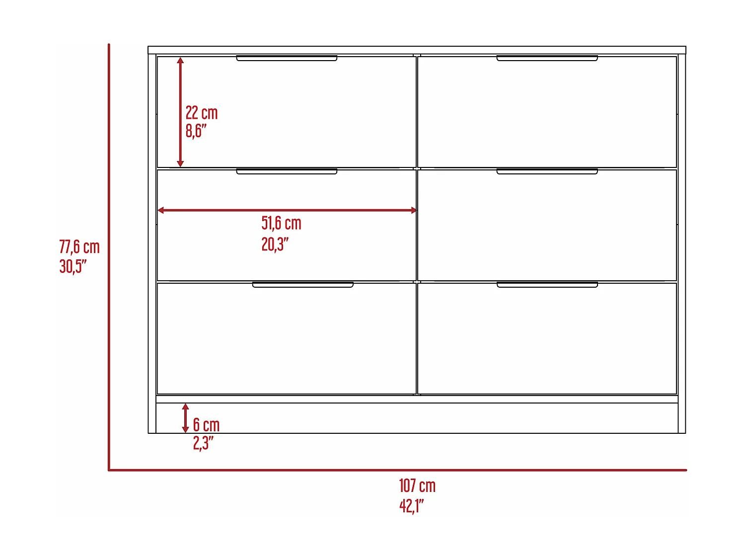 Cassettiera Kaia in melamina con 4 cassetti con guide metalliche e 2 armadietti inferiori, multicolore, 77.6 cm X 107 cm X 41.3 cm