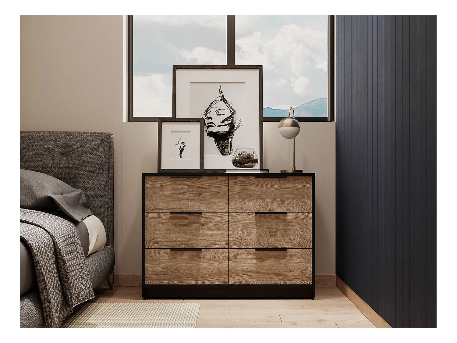 Commode Kaia en mélaminé avec 4 tiroirs avec rails métalliques et 2 meubles bas, multicolore, 77.6 cm X 107 cm X 41.3 cm